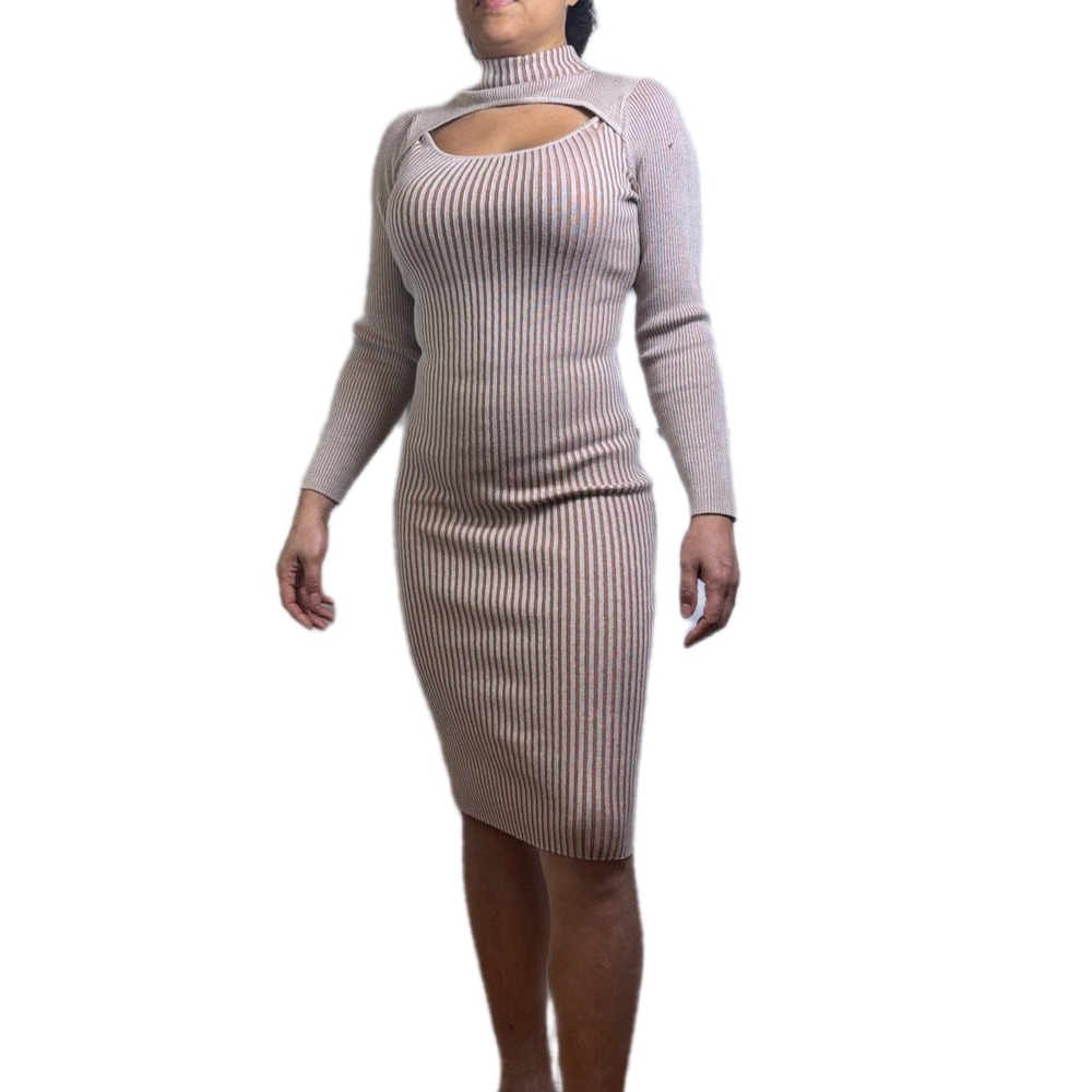 Say What?Beige Striped Ribbed Knit Sweater‎ Dress,Fitted Midi with Cutout Detail
